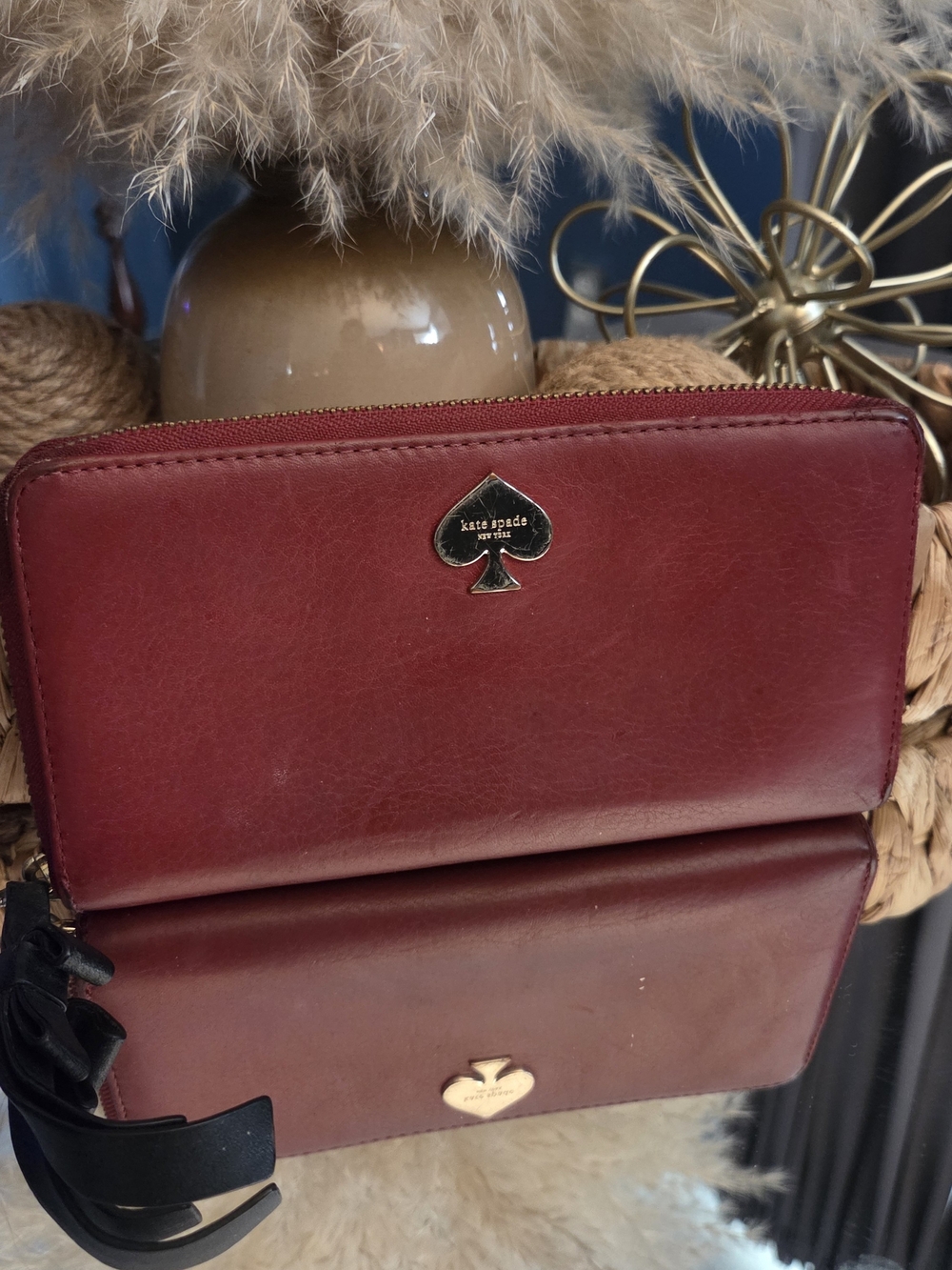 Kate Spade New York Red Leather Zip Around Wallet Gold Spade